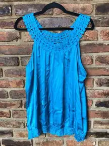 NWT Apt. 9 Blue Satin Sleeveless Crochet Smocked Blouse Women's Size XL