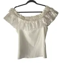 Lulumari Women's Size Large White Floral Formal Party Lace‎ Detail Blouse