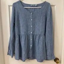 Sigrid Olsen Linen Relaxed Tiered Boho Peplum Tunic Top Blue Button Front M