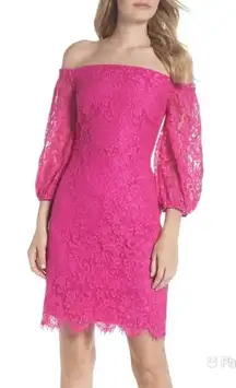 TRINA TURK Pink Lace Off The‎ Shoulder Cocktail Dress Sheath Fuchsia Size 2 New