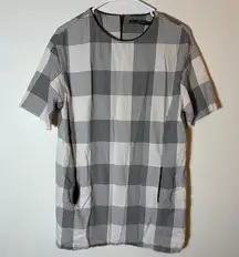 Zara‎ Trafaluc Plaid Tunic Dress Short Sleeve Pocket Black White Size Small