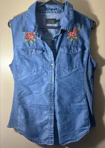Cavalini large chambray denim button down embroidery floral ribbed tank y2k