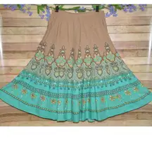 Coldwater Creek Boho Linen Blend Midi Skirt Size M Floral Sequin Art to Wear