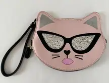 Betsey Johnson Luv Cat Kitten Wristlet Coin Purse Pink Glitter Sunglasses