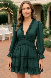 Emerald Green Ruffle Tiered Mini Dress Long Sleeve Cutout Size M