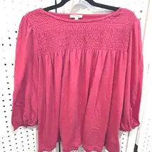 MAX STUDIO Smocked Empire Waist Long Sleeve Top Women's Size‎ L Pink Polyester