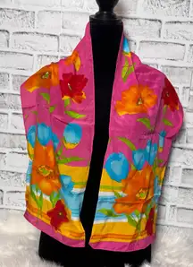 Vintage Liz Claiborne Silk Scarf Floral Pink‎ Orange Blue Lightweight