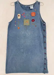 Vintage Denim Overall Dress Jumper Embroidery Patchwork Flowers Pinafore 80s 90s