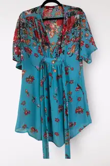 Akira | Medium Tunic Top Blue Floral Tied V-Neck Party‎ Work Casual