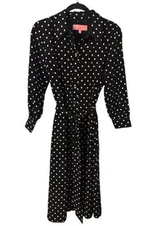 LDT Adrienne Polka Dot Black and White Belted Button Up Midi Dress Size 8