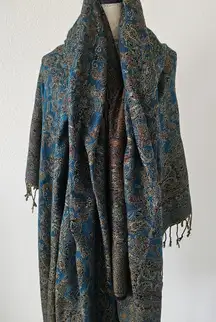 Huge Teal Blue Paisley Print Wrap Widd Scarf With Tapestry