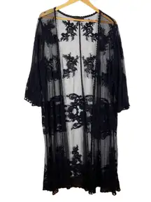 Embroidered Mesh Open Front Duster Cardigan Black Size 14/16