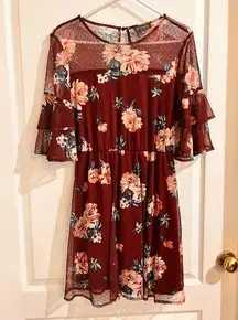 Luxology Burgundy Floral Print Flared Sleeve Dress