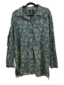 Peruvian Connection Long Sleeve Top Large Blue Green Relaxed Oversized Tunic