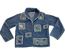 Y2K Boho Patchwork Denim Fall Jacket W/ Embroidered Leaf Motif Raw Hem Pockets M