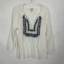 Joie  Embroidered Puff Sleeve Gauzy Bohemian Peasant Flowy Tasseled Top Sz Small