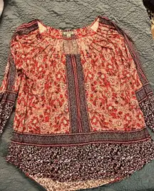 Lucky Brand Womens Red Floral Pleated Collar Asymmetrical Hem Blouse Size S
