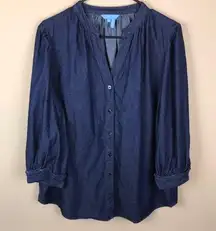 Draper James  Women’s Chambray Dark Blue Split V-Neck Pleated Button-Up Shirt