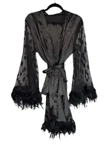 Black Feather Trim Sheer Lace Sleeve Kimono Robe, Top & Bottom 3 piece set