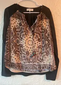 HALE BOB silk blend brown paisley blouse, ruffled sleeves, tassels; size L