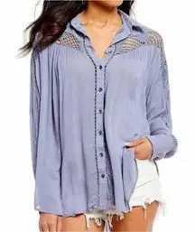 Free People $108 Blue Katie Bird Button Down XS Crochet Shirt Tunic Top #QR3-3