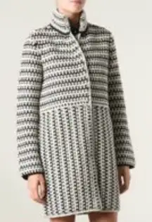 Tory Burch Maxeen Sweater Coat Knit Wool Blend Black White Funnel Neck Medium