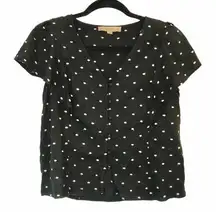LOFT Black Linen Blend Flutter Sleeve Button Top White Embroidered Dots XS