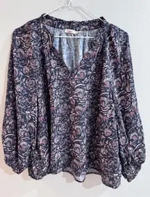Faherty Boho Floral Print V Neck Blouse Small Long Sleeve Viscose