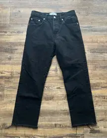 MNG Havana Women’s Black High Rise Straight Leg Button Fly Jeans Frayed Hem Sz 4