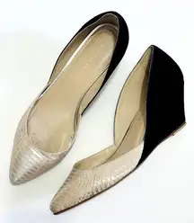 Loeffler Randall Rae d'Orsay Cream Snakeskin Black Suede Wedge Pump Shoe Sz 9.5