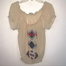 Kimchi Blue Embroidered Aztec off Shoulder Blouse Semi Sheer Festival UO