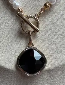Elegant Gold Layered Necklace with Black Rhinestone Pendant