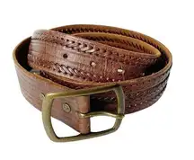 AEO Leather Belt Brown Small 1.5” Wide Brass Buckle 38.5" Long Triple Braided