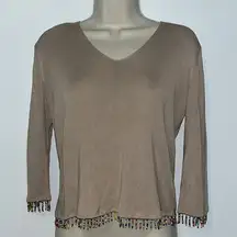 Joseph A. QU'EST-CEQUEC-EST Tan SILK Ribbed Knit Beaded Fringe Hem Top Women’s M