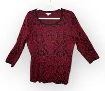 Dana Buchman Red Black Damask Knit Sweater Metallic Holiday Top L