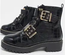 ASOS Womens  Ankle Boots | Aubrey Lace Up Buckle | Black Biker Boots | 7W