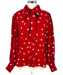Unique Vintage Gwen Red White Heart Print Blouse Puff Sleeve Size Large