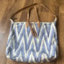 GAP Denim Blue Ikat Print Tote With Leather Handles