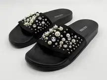 Steve Madden Women Slip-On Pearls Crystals Black satin Sandy Slide Size 9
