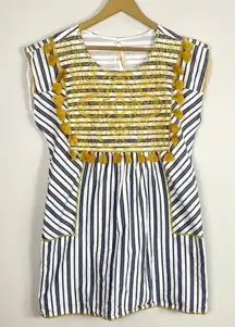 Blue and White Striped Yellow Embroidery Boho Tassel Dress