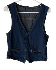 Womens Dark Wash Denim Vest Sleeveless Jean Button Up Braided Pockets S Western