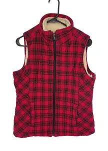 Duluth Trading Co Red Black Plaid Sherpa Lined Quilted Vest Size S Cabincore