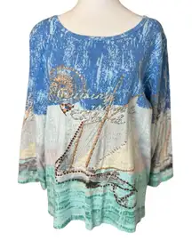 Vtg Take Two Womens All Over Print Shirt XXL Art to Wear Sequin Sailboat Cruise
