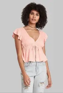 Wild Fable pink flutter sleeve open front crop blouse