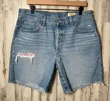 Levis‎ 501150th Blue Denim Jorts Bermuda Patch Raw Hem Womens Size 32