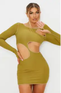 Prettylittlething Olive Ribbed Contrast Stitch Cut Out Long Sleeve Bodycon Dress