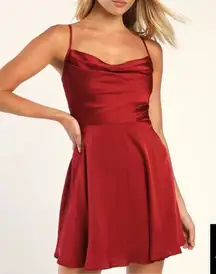 Lulus Fanciful Flirt Burgundy Satin Cowl Neck Skater Mini Dress Size Small