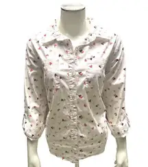 Christopher & Banks White Button Down Shirt w Pink Black Heart Print Size P/M