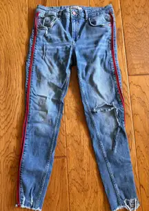 Zara Basic Z1975 Red Side Stripe Distressed Denim Blue Jeans Sz 8