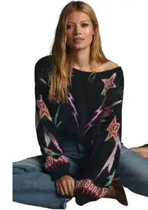 Anthropologie Pilcro Sparkle Star Lurex Pullover Sweater Black Multicolor XS